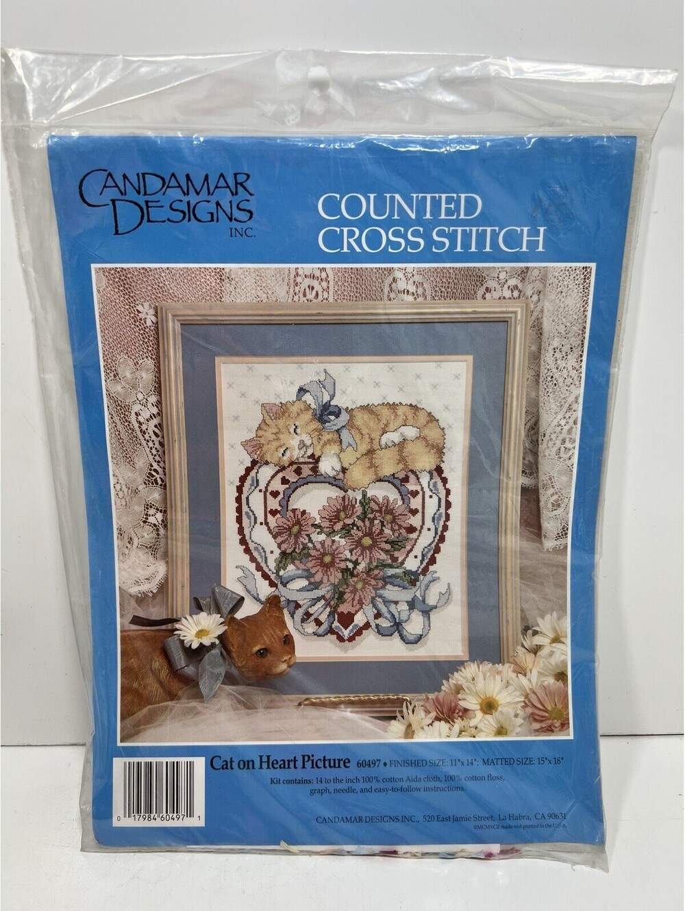 Candamar Designs Counted Cross Stitch Cat on Heart Picture 1993